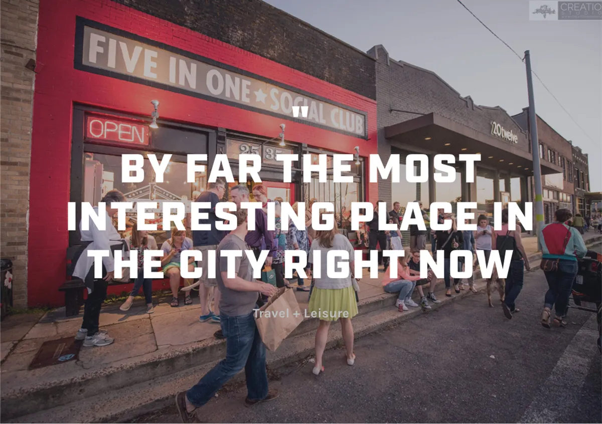 This image captures the lively exterior of the Five In One Social Club, with people gathered outside beneath a glowing open sign. The setting is energetic and social, hinting at nightlife, cultural happenings, and local dining experiences.