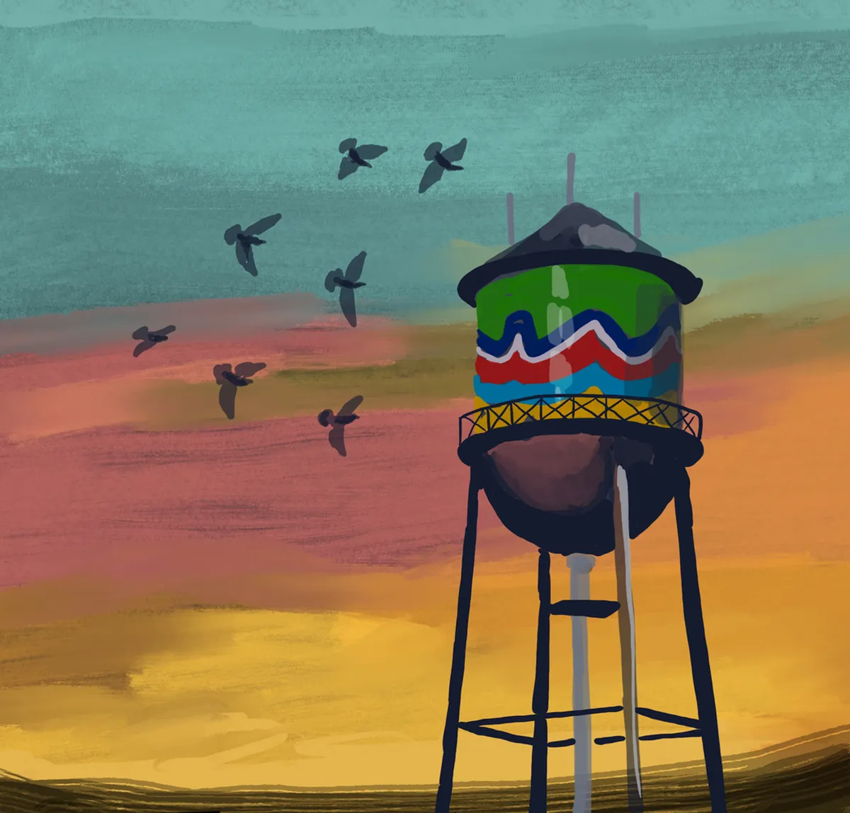 A striking scene with a colorful water tower set against a vibrant evening sky, birds soaring overhead, and a tranquil atmosphere ideal for sunset viewing or quiet reflection. The nostalgic tone is both romantic and adventurous.
