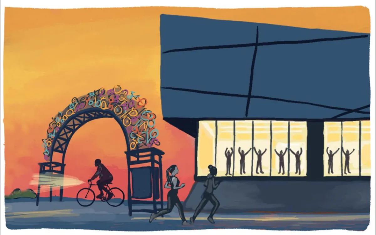 A colorful urban archway is bustling with running figures and people visible through large windows. The scene is vibrant and active, suggesting local community events, street art, and youthful city energy.
